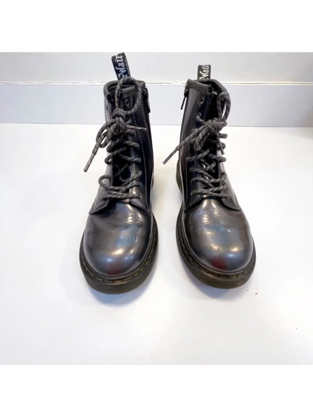 Dr. Martens Patent Leather Grey Combat Boots, Size 4